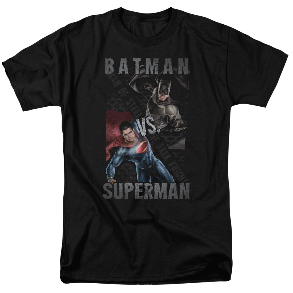 AN OFFCIALLY LICENSED BATMAN VS SUPERMAN HERO SPLIT MEN'S REGULAR FIT T-SHIRT BLACK