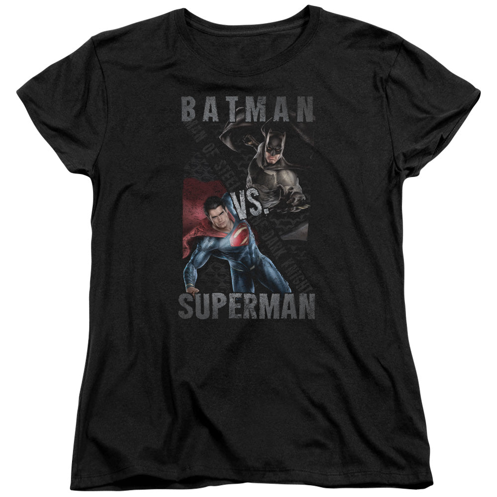 AN OFFCIALLY LICENSED BATMAN VS SUPERMAN HERO SPLIT WOMEN'S REGULAR FIT T-SHIRT BLACK