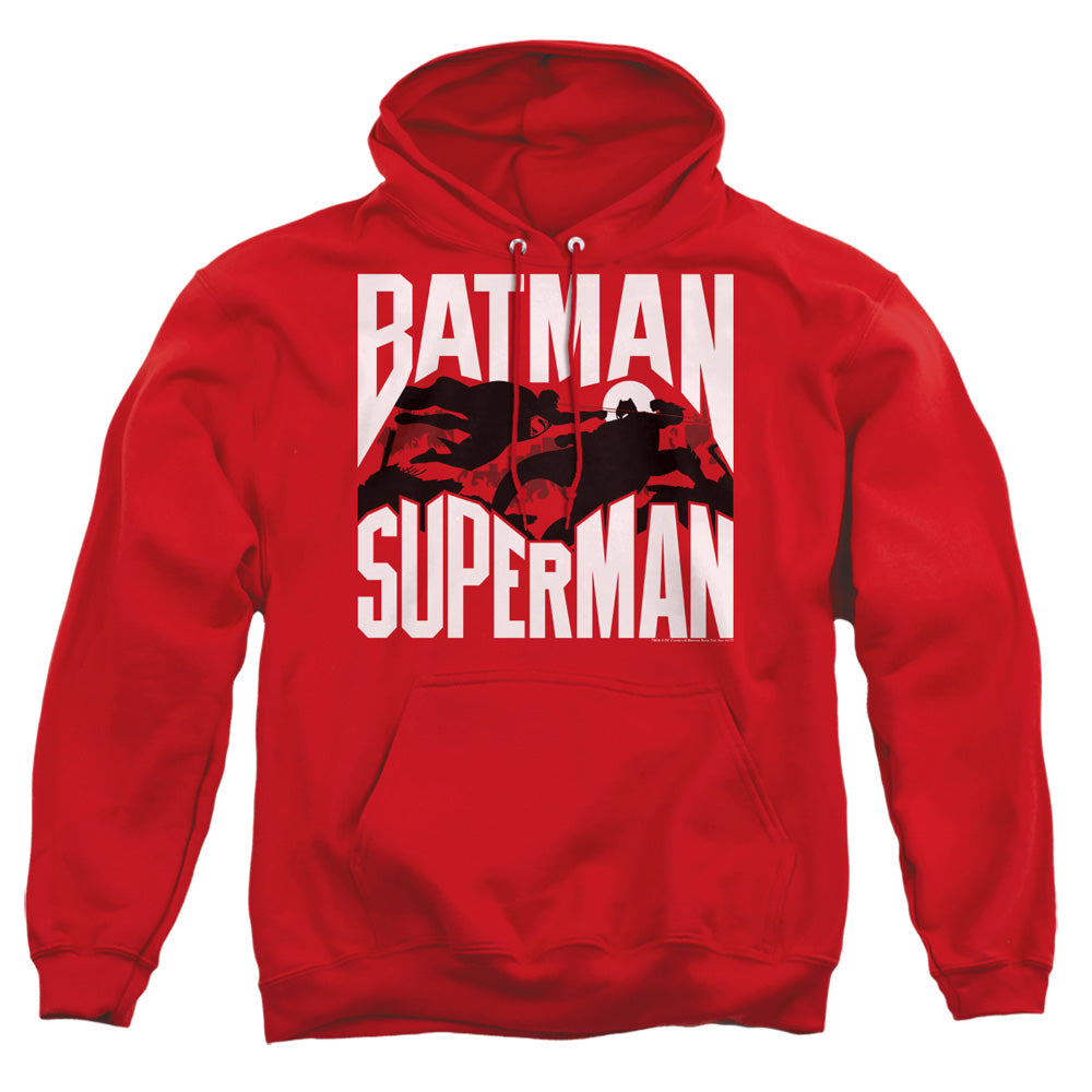 AN OFFCIALLY LICENSED BATMAN VS SUPERMAN SILHOUETTE FIGHT ADULT UNISEX PULLOVER HOODIE RED