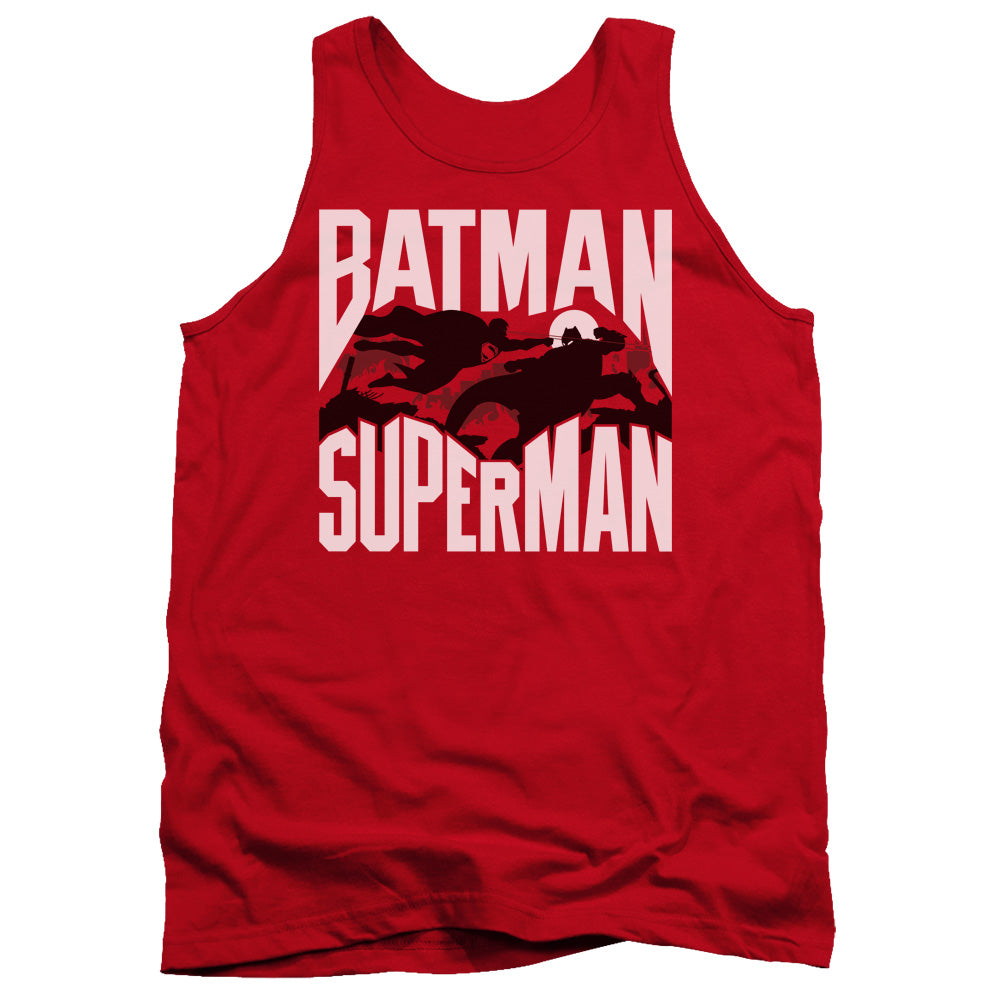 AN OFFCIALLY LICENSED BATMAN VS SUPERMAN SILHOUETTE FIGHT ADULT UNISEX TANK TOP RED