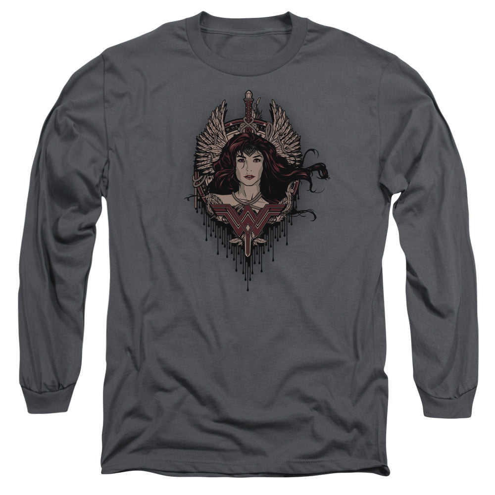 AN OFFCIALLY LICENSED BATMAN V SUPERMAN WINGED GODDESS MEN'S LONG SLEEVE T-SHIRT CHARCOAL