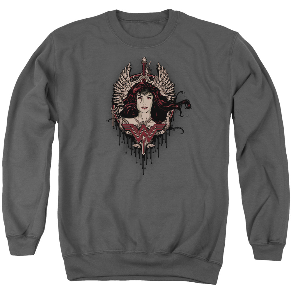 AN OFFCIALLY LICENSED BATMAN V SUPERMAN WINGED GODDESS ADULT UNISEX CREWNECK SWEATSHIRT CHARCOAL