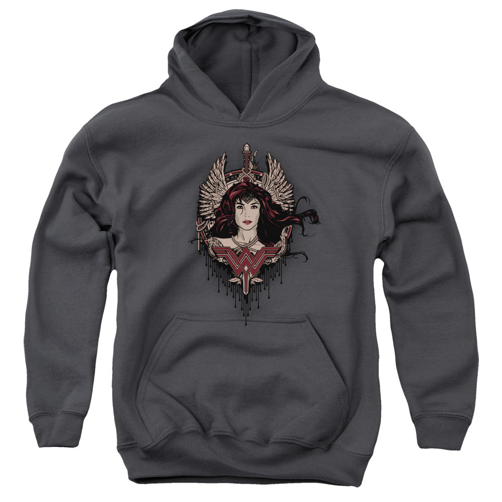 AN OFFCIALLY LICENSED BATMAN V SUPERMAN WINGED GODDESS YOUTH HOODIE CHARCOAL