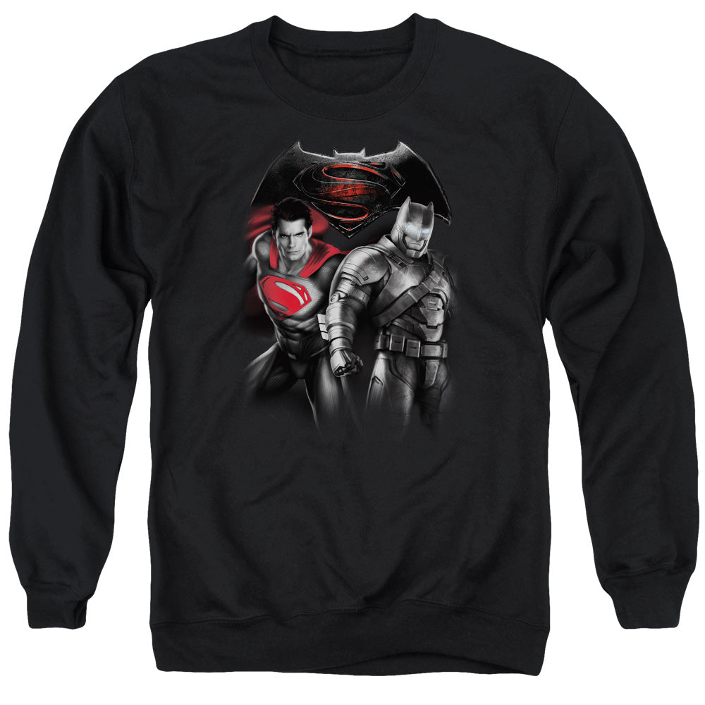 AN OFFCIALLY LICENSED BATMAN V SUPERMAN STAND OFF ADULT UNISEX CREWNECK SWEATSHIRT BLACK