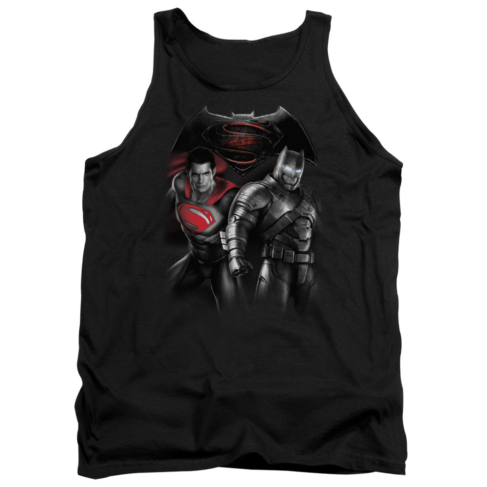 AN OFFCIALLY LICENSED BATMAN V SUPERMAN STAND OFF ADULT UNISEX TANK TOP BLACK