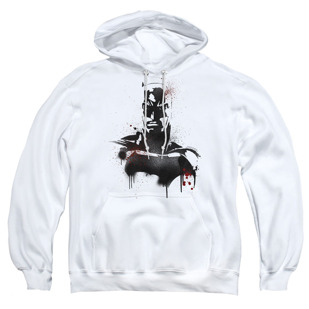 AN OFFCIALLY LICENSED BATMAN V SUPERMAN BATMAN SPRAY ADULT UNISEX PULLOVER HOODIE WHITE