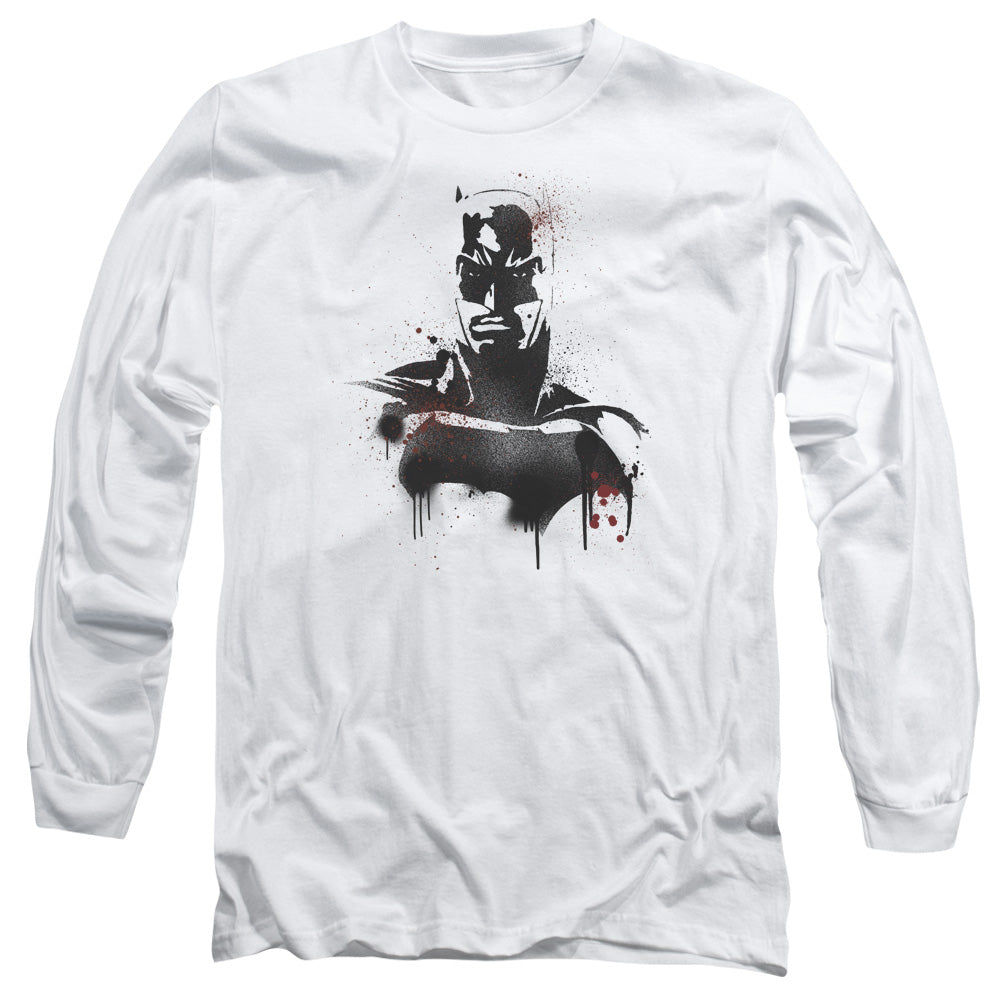 AN OFFCIALLY LICENSED BATMAN V SUPERMAN BATMAN SPRAY MEN'S LONG SLEEVE T-SHIRT WHITE