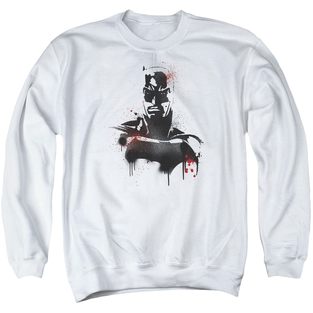 AN OFFCIALLY LICENSED BATMAN V SUPERMAN BATMAN SPRAY ADULT UNISEX CREWNECK SWEATSHIRT WHITE
