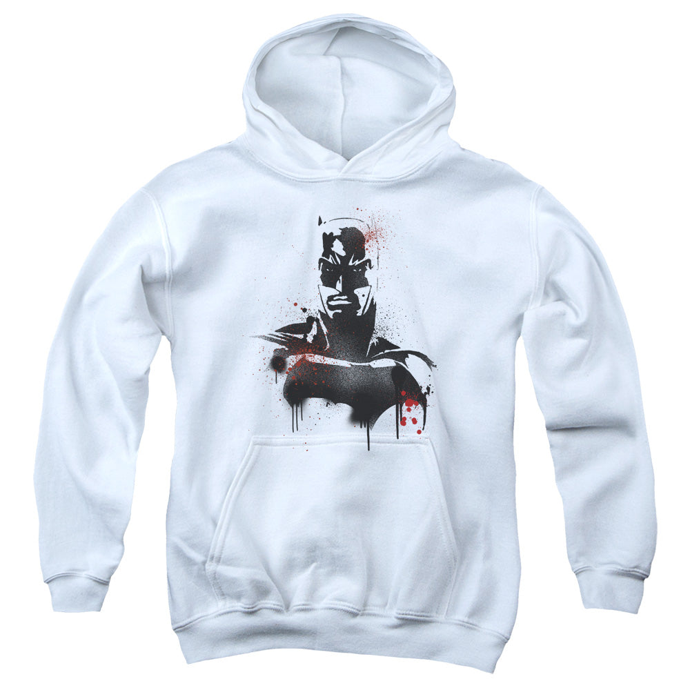 AN OFFCIALLY LICENSED BATMAN V SUPERMAN BATMAN SPRAY YOUTH HOODIE WHITE