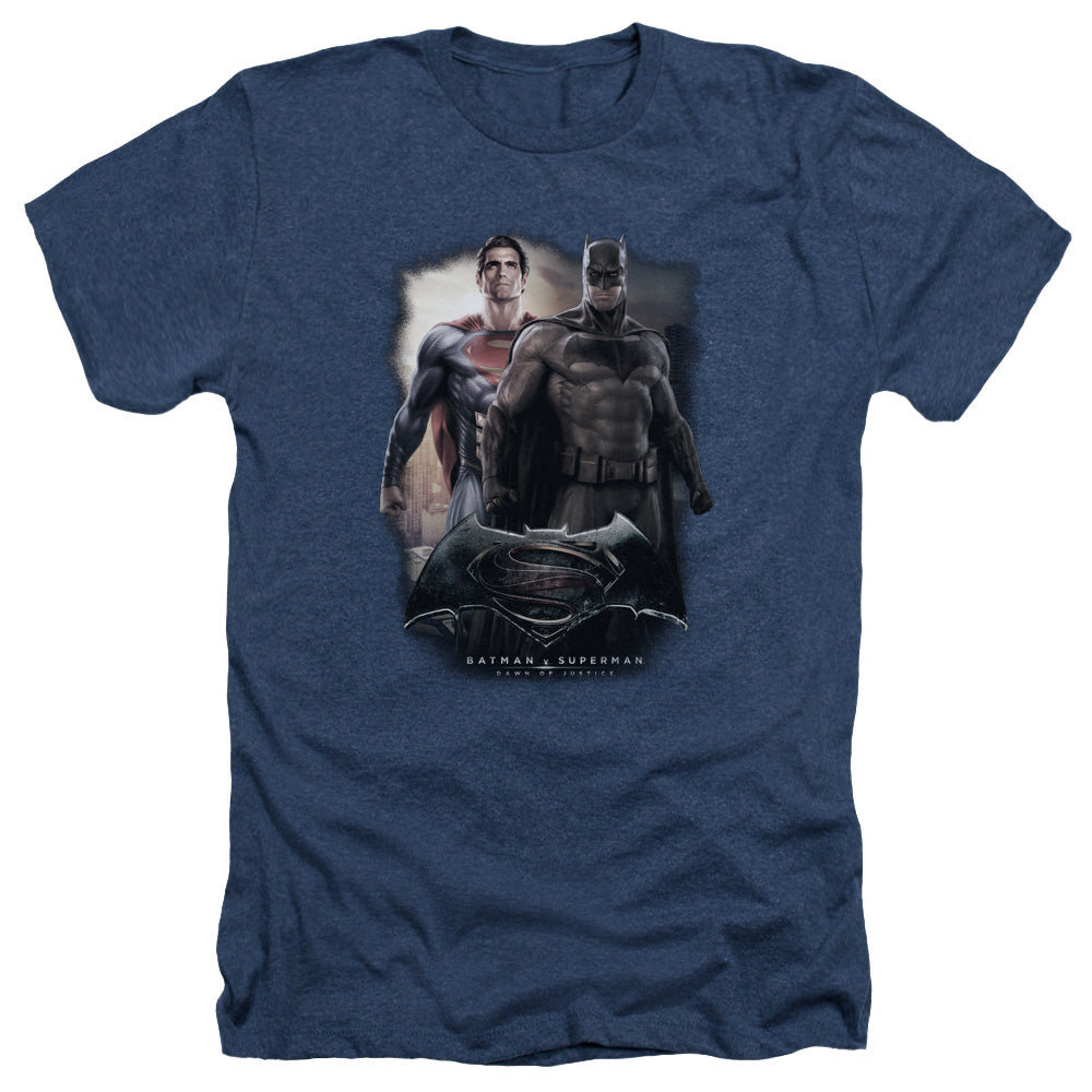 AN OFFCIALLY LICENSED BATMAN VS SUPERMAN DAWN MEN'S HEATHER T-SHIRT NAVY