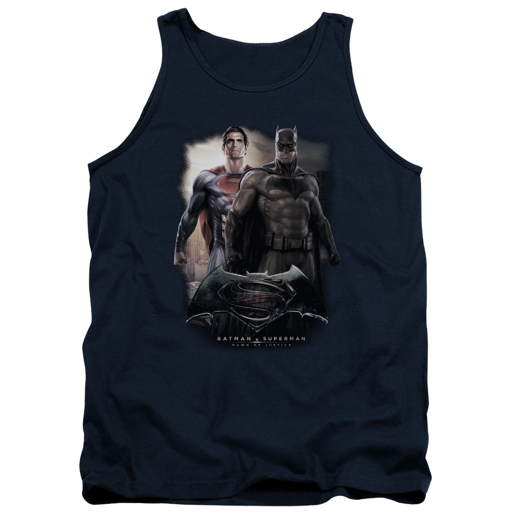AN OFFCIALLY LICENSED BATMAN VS SUPERMAN DAWN ADULT UNISEX TANK TOP NAVY