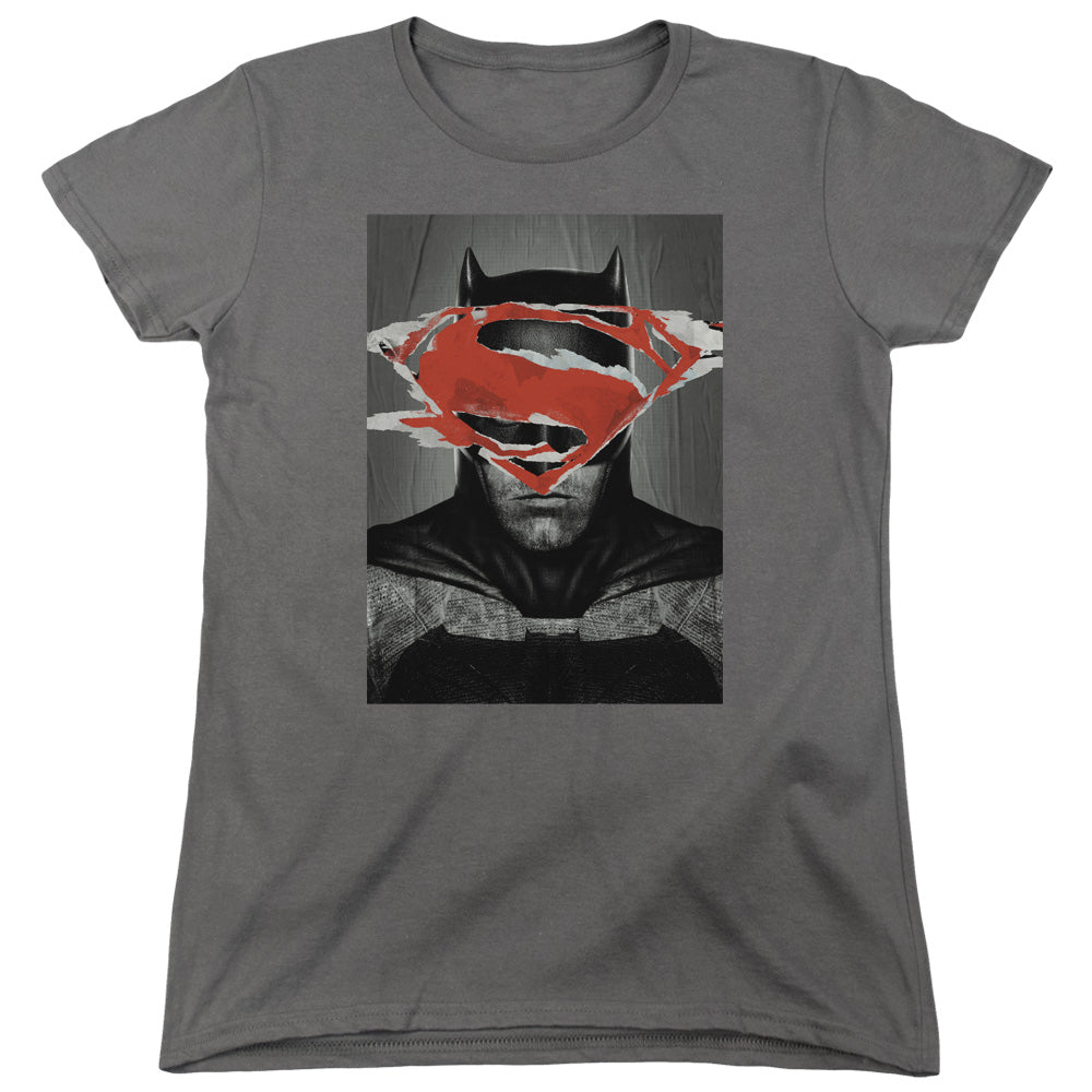 AN OFFCIALLY LICENSED BATMAN VS SUPERMAN BATMAN POSTER WOMEN'S REGULAR FIT T-SHIRT CHARCOAL