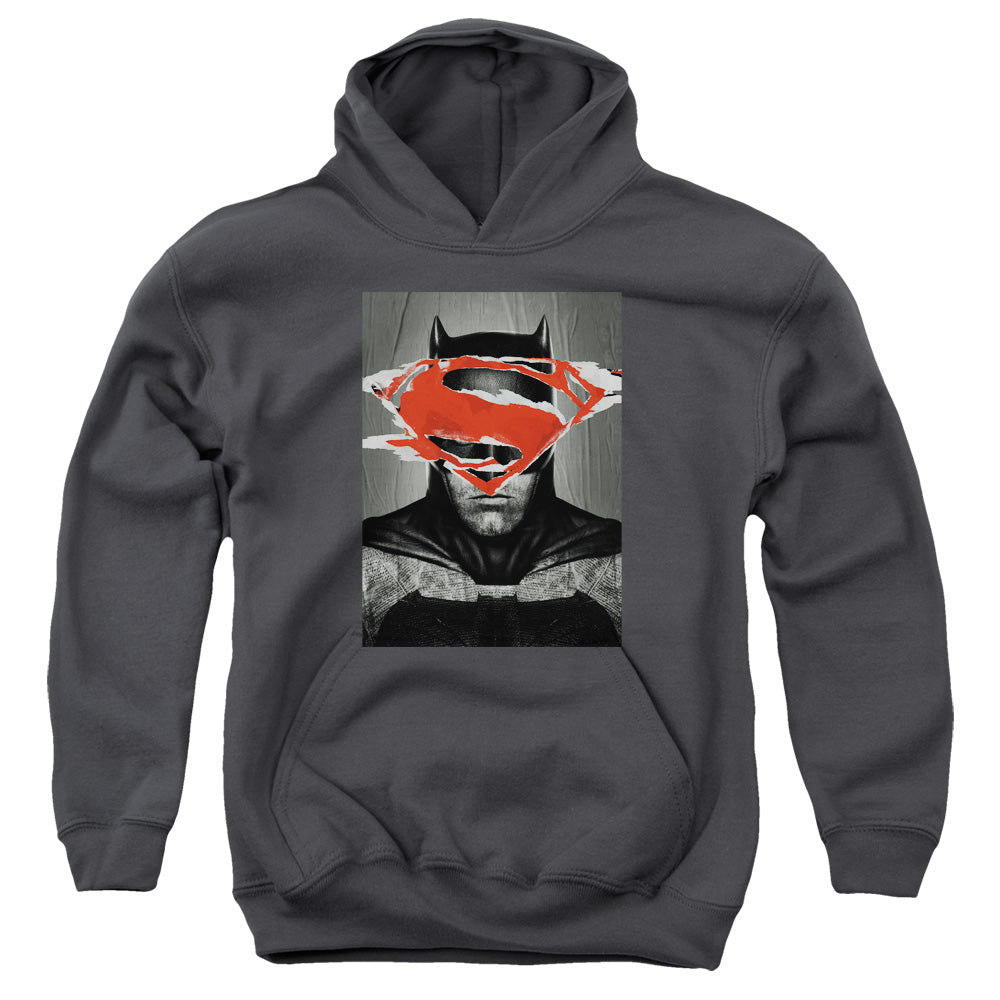 AN OFFCIALLY LICENSED BATMAN VS SUPERMAN BATMAN POSTER YOUTH HOODIE CHARCOAL