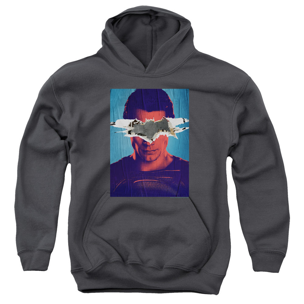 AN OFFCIALLY LICENSED BATMAN VS SUPERMAN SUPERMAN POSTER YOUTH HOODIE CHARCOAL