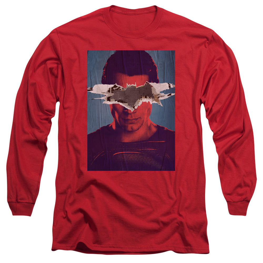 AN OFFCIALLY LICENSED BATMAN VS SUPERMAN SUPERMAN POSTER MEN'S LONG SLEEVE T-SHIRT RED