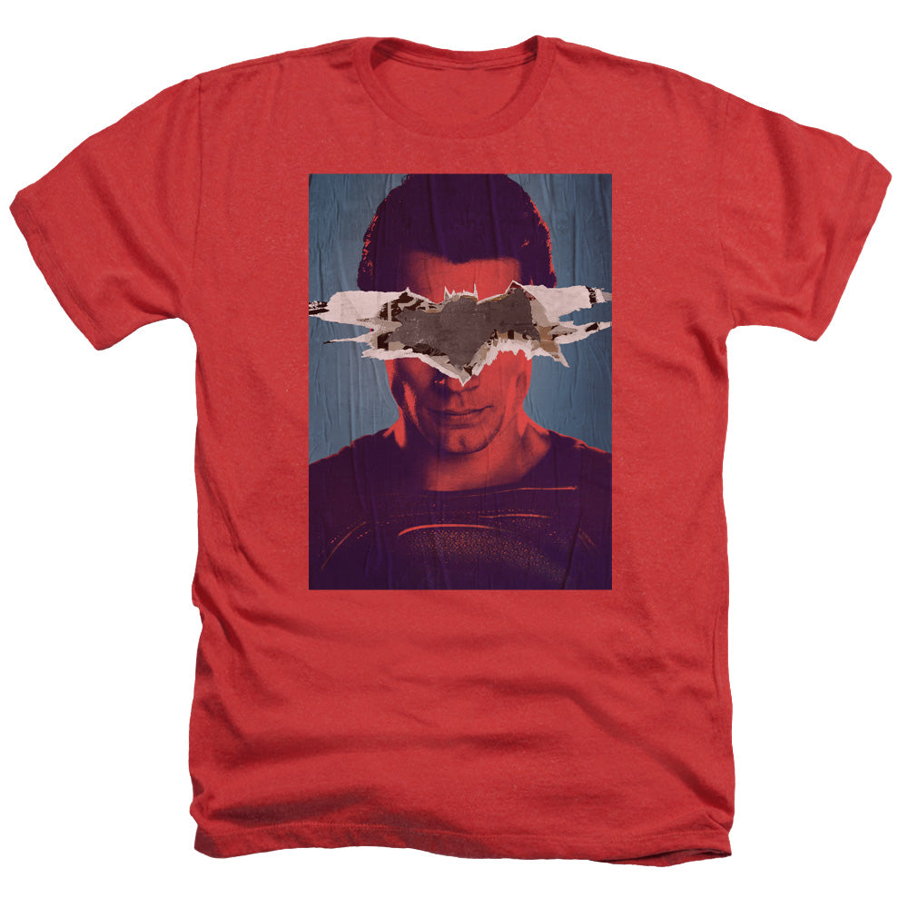 AN OFFCIALLY LICENSED BATMAN VS SUPERMAN SUPERMAN POSTER MEN'S HEATHER T-SHIRT RED