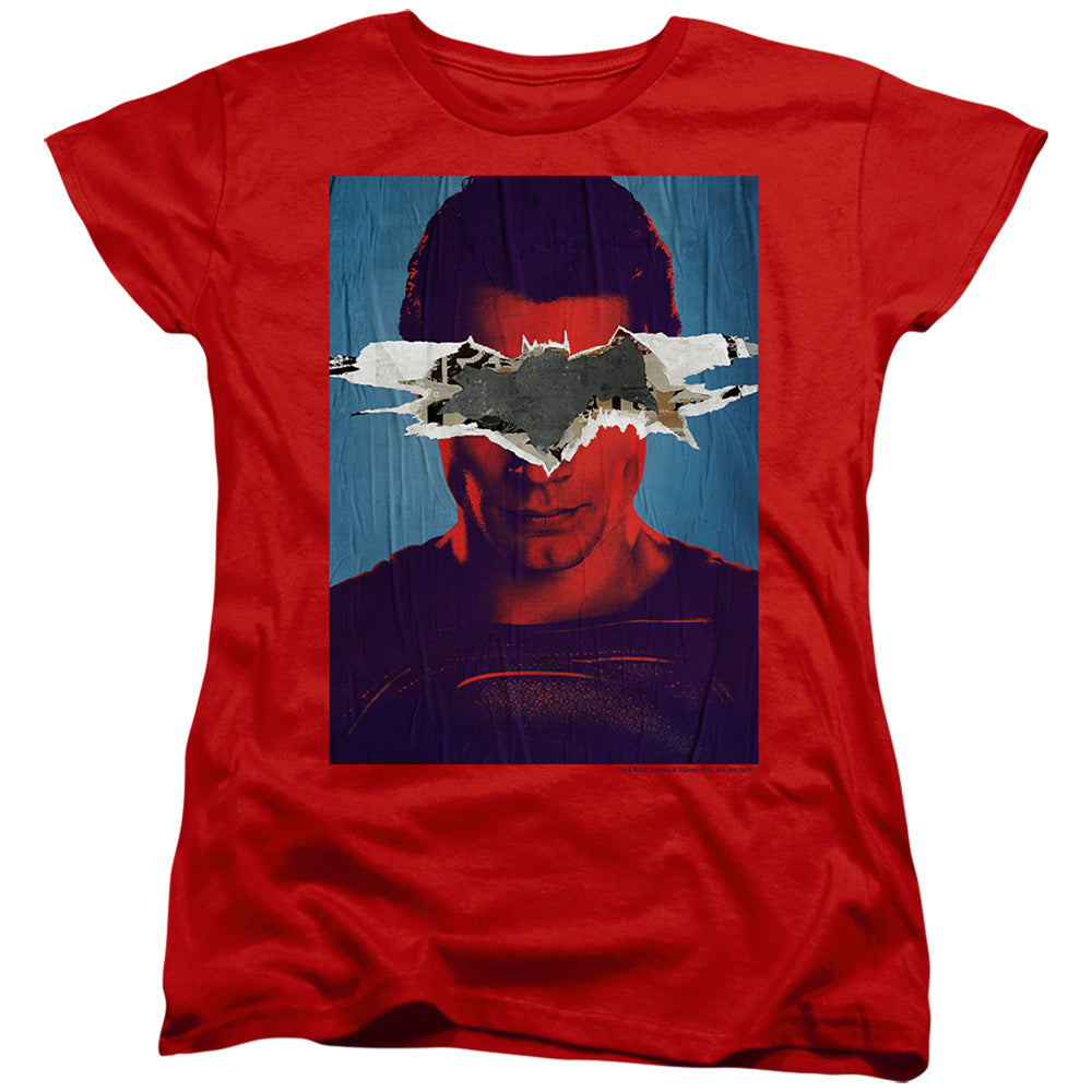 AN OFFCIALLY LICENSED BATMAN VS SUPERMAN SUPERMAN POSTER WOMEN'S REGULAR FIT T-SHIRT RED