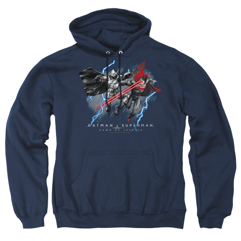 AN OFFCIALLY LICENSED BATMAN V SUPERMAN LIGHTNIING V HEAT VISION ADULT UNISEX PULLOVER HOODIE NAVY