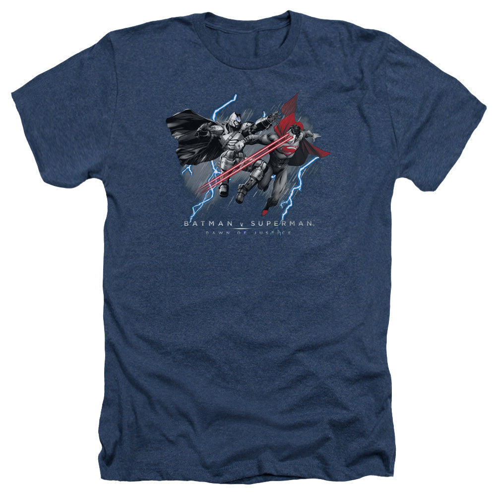 AN OFFCIALLY LICENSED BATMAN V SUPERMAN LIGHTNIING V HEAT VISION MEN'S HEATHER T-SHIRT NAVY