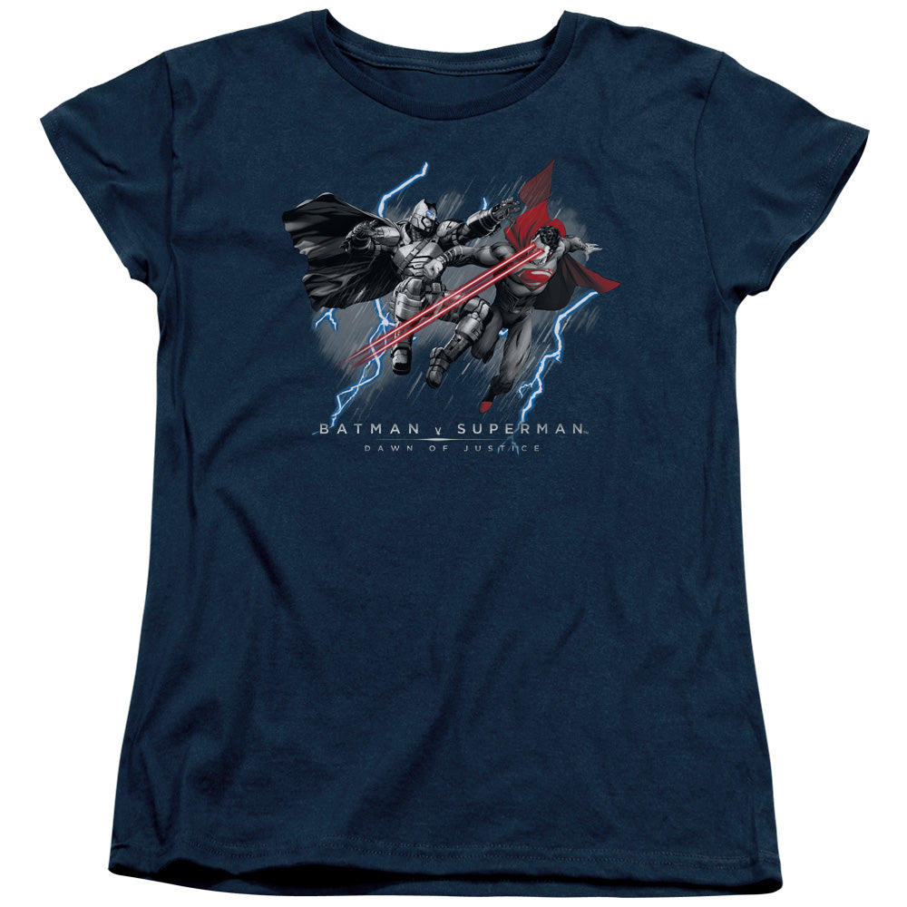 AN OFFCIALLY LICENSED BATMAN V SUPERMAN LIGHTNIING V HEAT VISION WOMEN'S REGULAR FIT T-SHIRT NAVY