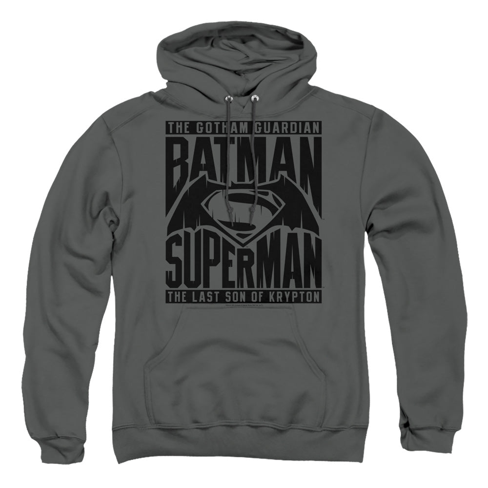 AN OFFCIALLY LICENSED BATMAN V SUPERMAN TITLE FIGHT ADULT UNISEX PULLOVER HOODIE CHARCOAL