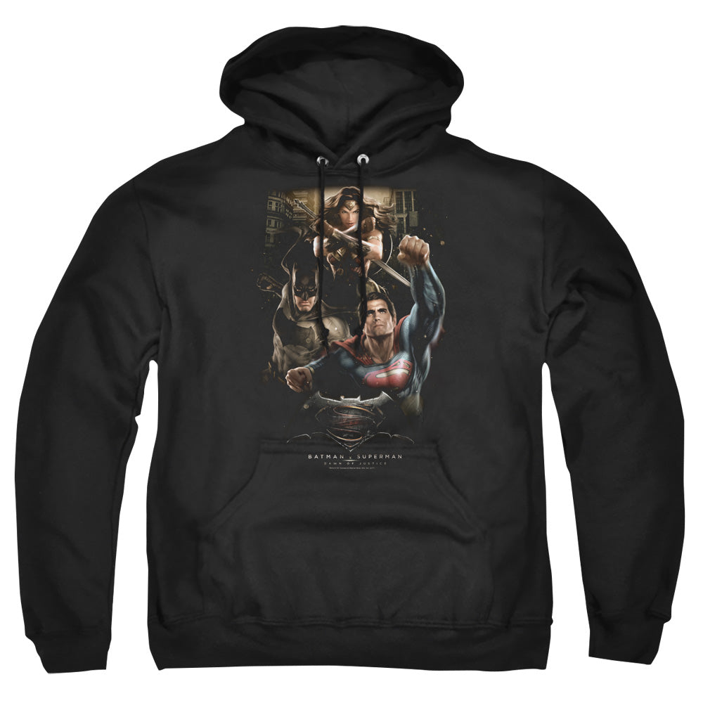 AN OFFCIALLY LICENSED BATMAN V SUPERMAN THREE IN ACTION ADULT UNISEX PULLOVER HOODIE BLACK