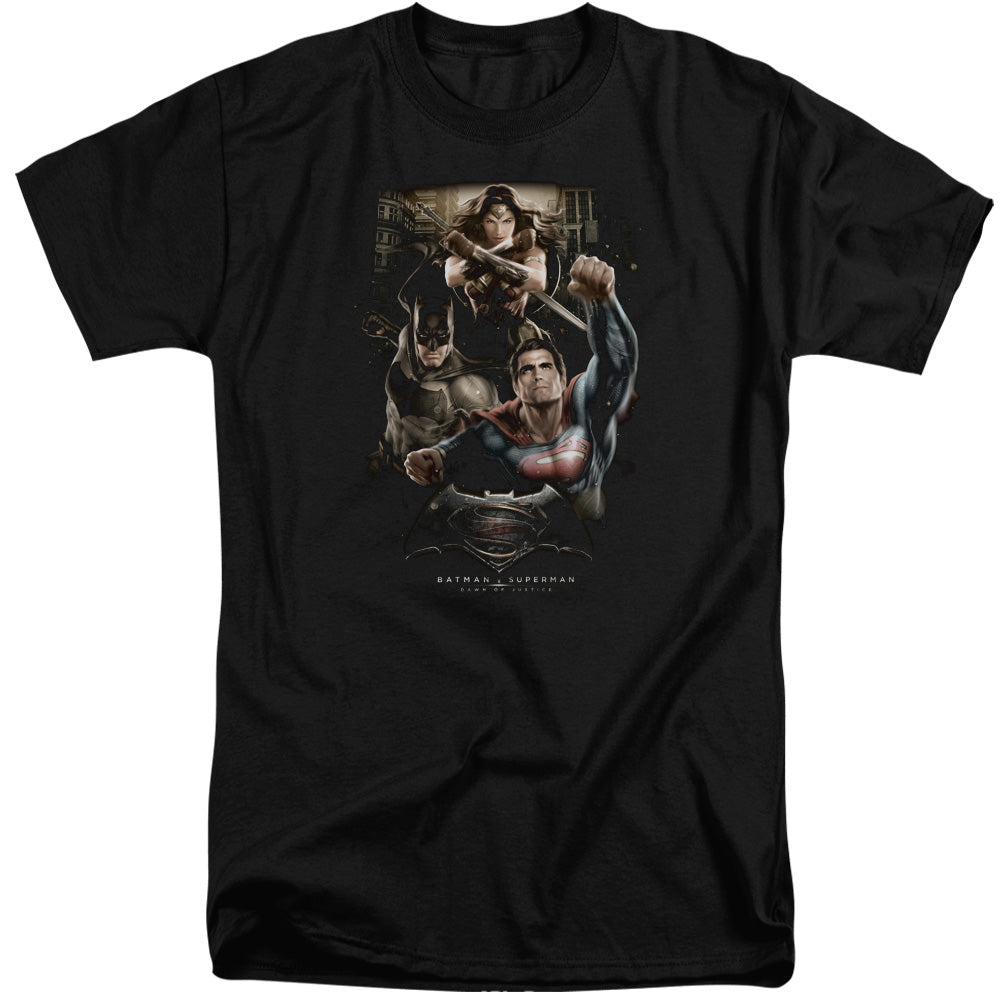 AN OFFCIALLY LICENSED BATMAN V SUPERMAN THREE IN ACTION MEN'S TALL FIT T-SHIRT BLACK