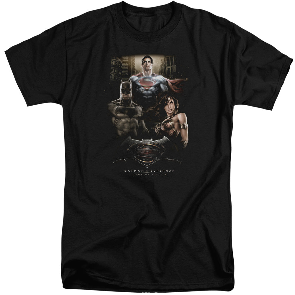 AN OFFCIALLY LICENSED BATMAN V SUPERMAN THRE THREE MEN'S TALL FIT T-SHIRT BLACK