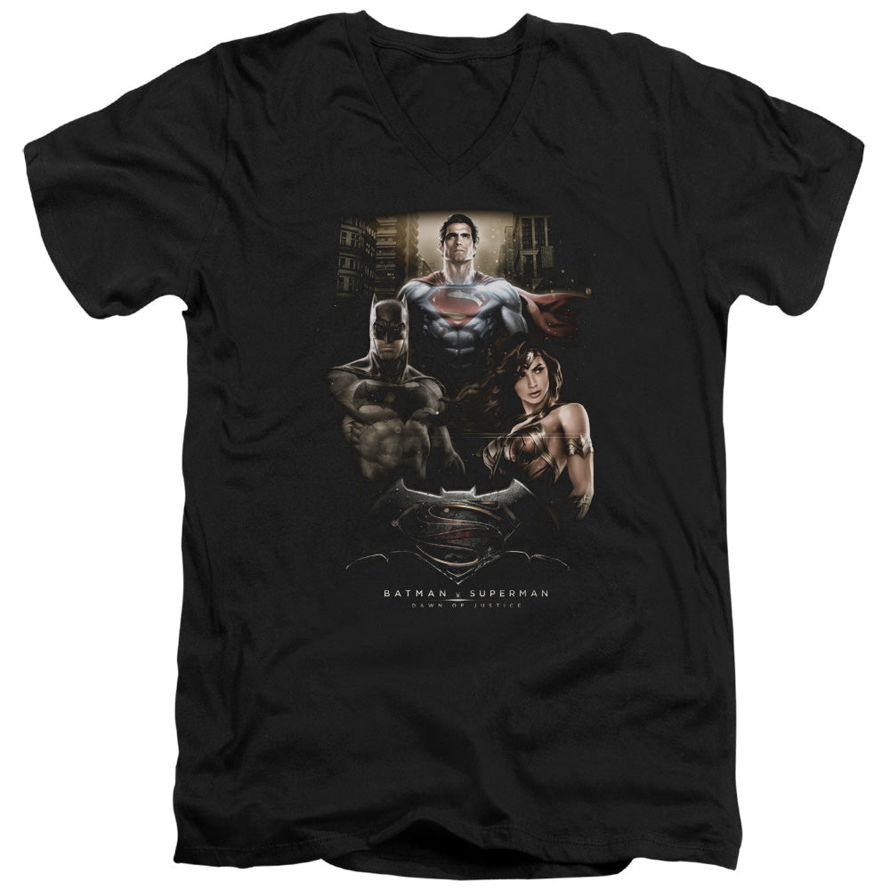 AN OFFCIALLY LICENSED BATMAN V SUPERMAN THRE THREE MEN'S V-NECK T-SHIRT BLACK