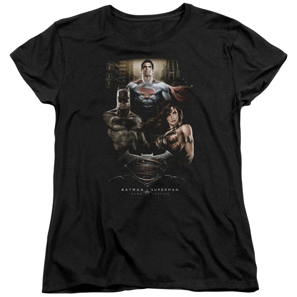 AN OFFCIALLY LICENSED BATMAN V SUPERMAN THRE THREE WOMEN'S REGULAR FIT T-SHIRT BLACK