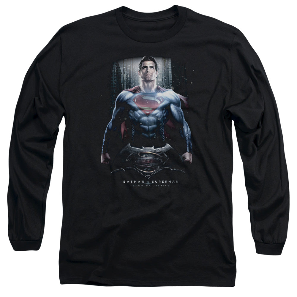 AN OFFCIALLY LICENSED BATMAN V SUPERMAN SUPE GROUND ZERO MEN'S LONG SLEEVE T-SHIRT BLACK