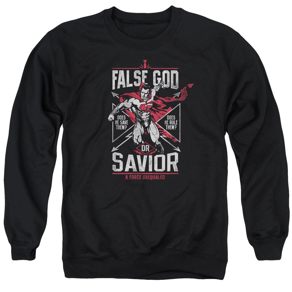 AN OFFCIALLY LICENSED BATMAN V SUPERMAN FALSE GOD OR SAVIOR ADULT UNISEX CREWNECK SWEATSHIRT BLACK