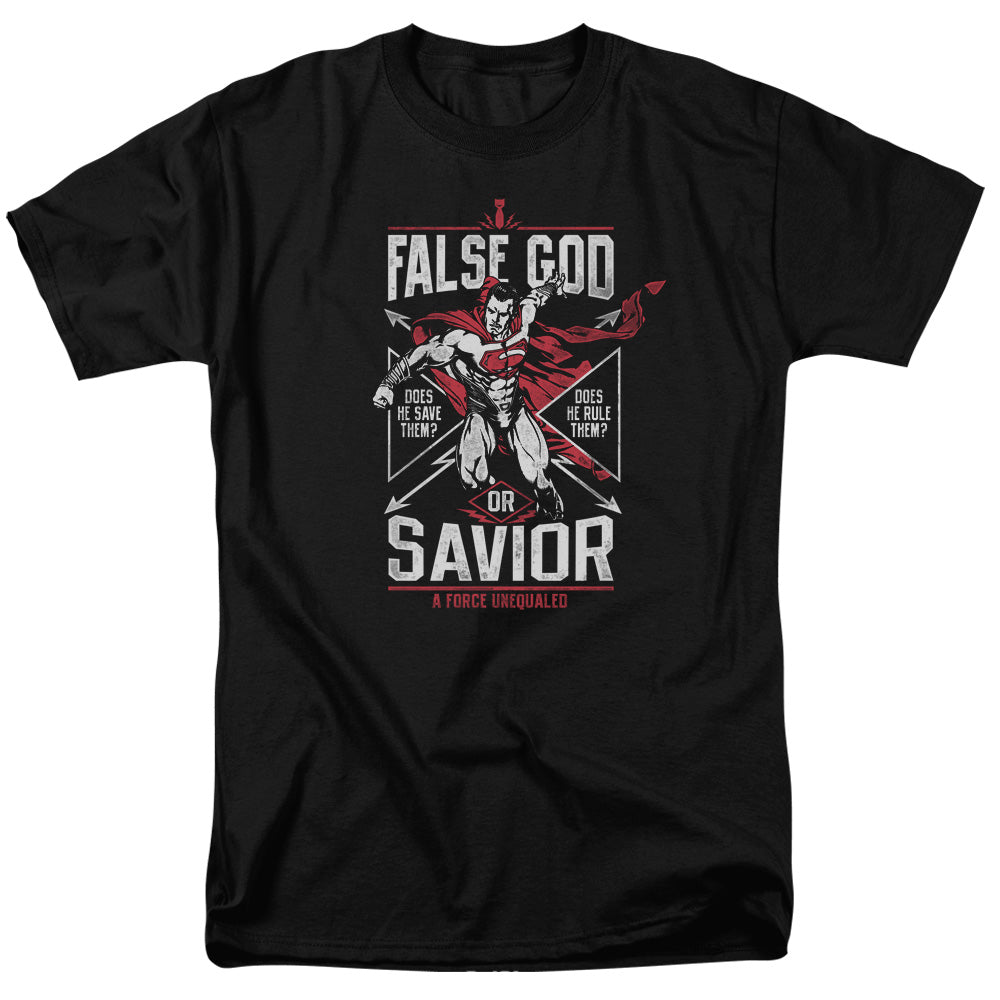AN OFFCIALLY LICENSED BATMAN V SUPERMAN FALSE GOD OR SAVIOR MEN'S REGULAR FIT T-SHIRT BLACK