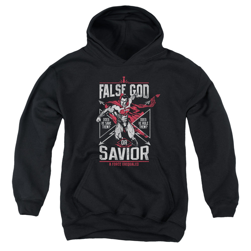 AN OFFCIALLY LICENSED BATMAN V SUPERMAN FALSE GOD OR SAVIOR YOUTH HOODIE BLACK