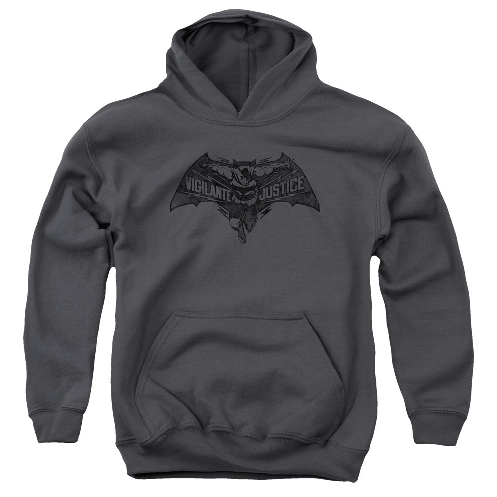 AN OFFCIALLY LICENSED BATMAN V SUPERMAN VIGILANTE JUSTICE YOUTH HOODIE CHARCOAL