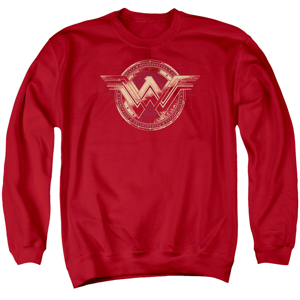 AN OFFCIALLY LICENSED BATMAN V SUPERMAN WONDER SHIELD ADULT UNISEX CREWNECK SWEATSHIRT RED