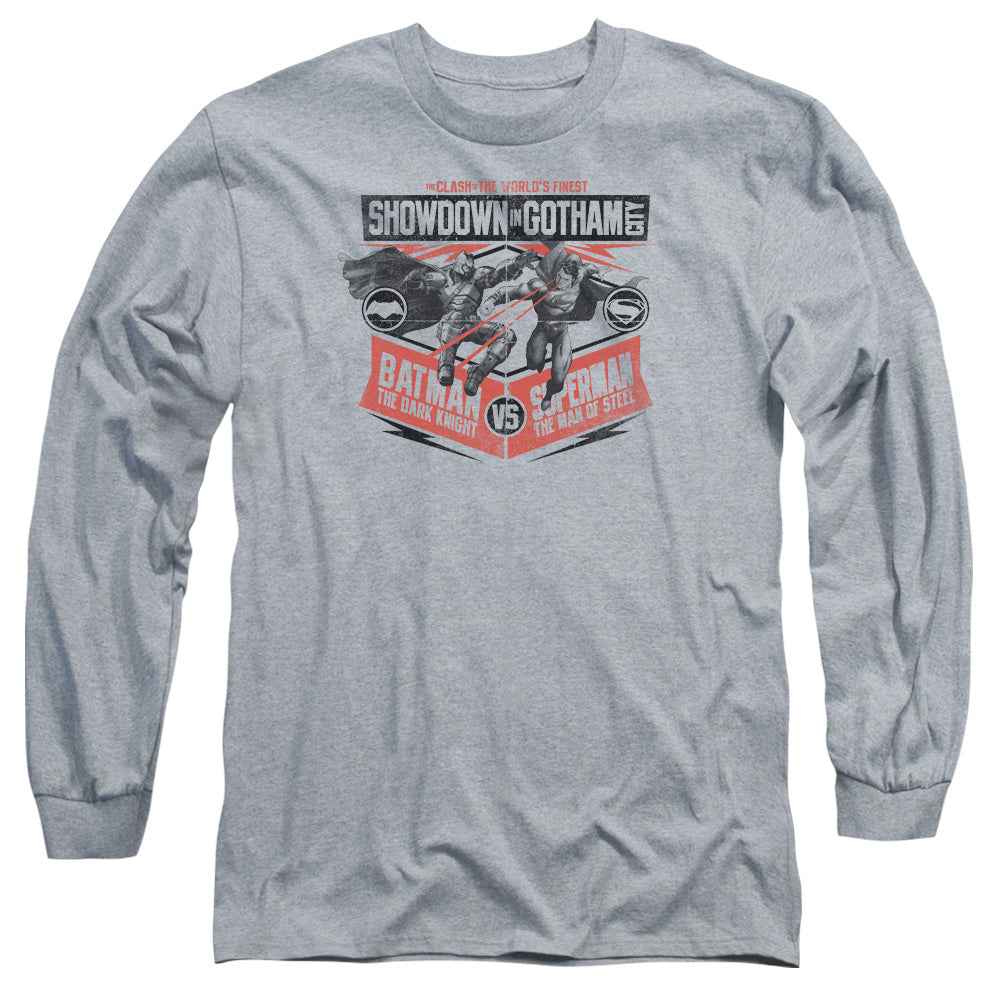 AN OFFCIALLY LICENSED BATMAN V SUPERMAN SHOWDOWN IN GOTHAM MEN'S LONG SLEEVE T-SHIRT ATHLETIC HEATHER