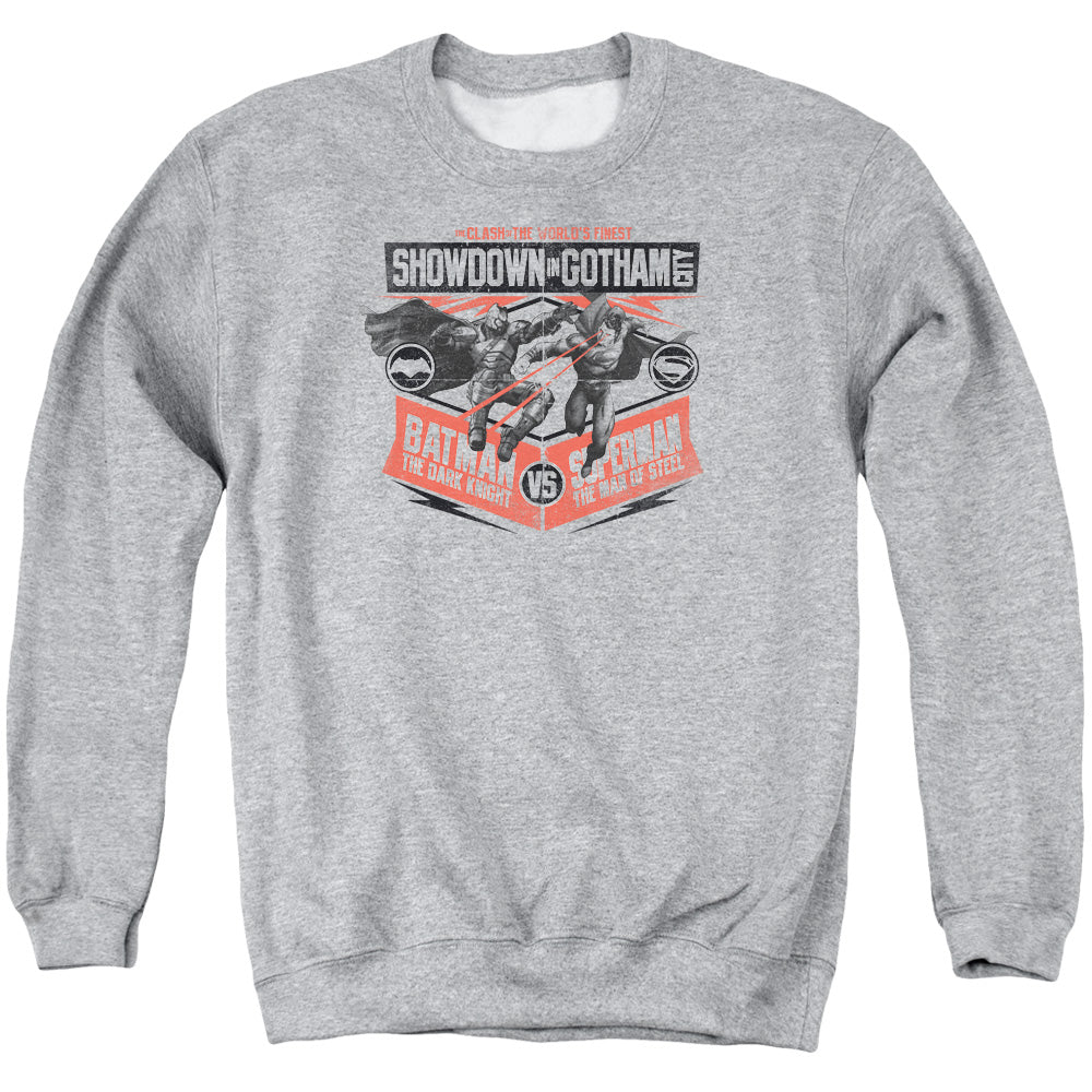 AN OFFCIALLY LICENSED BATMAN V SUPERMAN SHOWDOWN IN GOTHAM ADULT UNISEX CREWNECK SWEATSHIRT ATHLETIC HEATHER