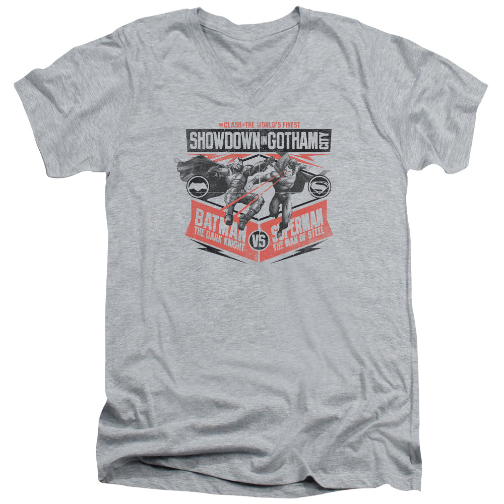 AN OFFCIALLY LICENSED BATMAN V SUPERMAN SHOWDOWN IN GOTHAM MEN'S V-NECK T-SHIRT ATHLETIC HEATHER