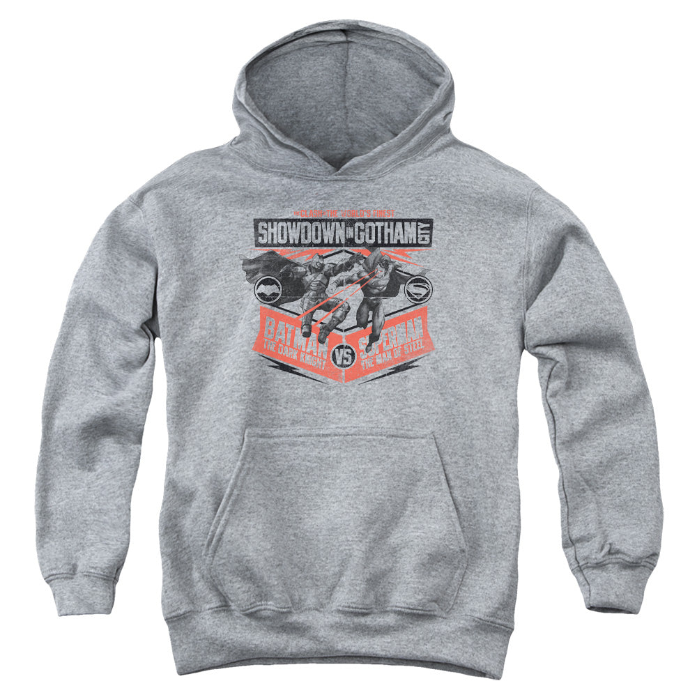 AN OFFCIALLY LICENSED BATMAN V SUPERMAN SHOWDOWN IN GOTHAM YOUTH HOODIE ATHLETIC HEATHER