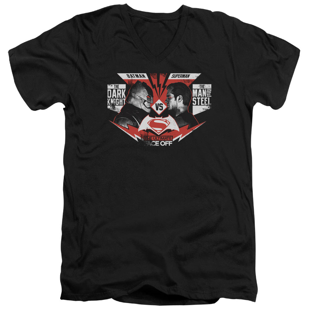 AN OFFCIALLY LICENSED BATMAN V SUPERMAN ULTIMATE FACE OFF MEN'S V-NECK T-SHIRT BLACK