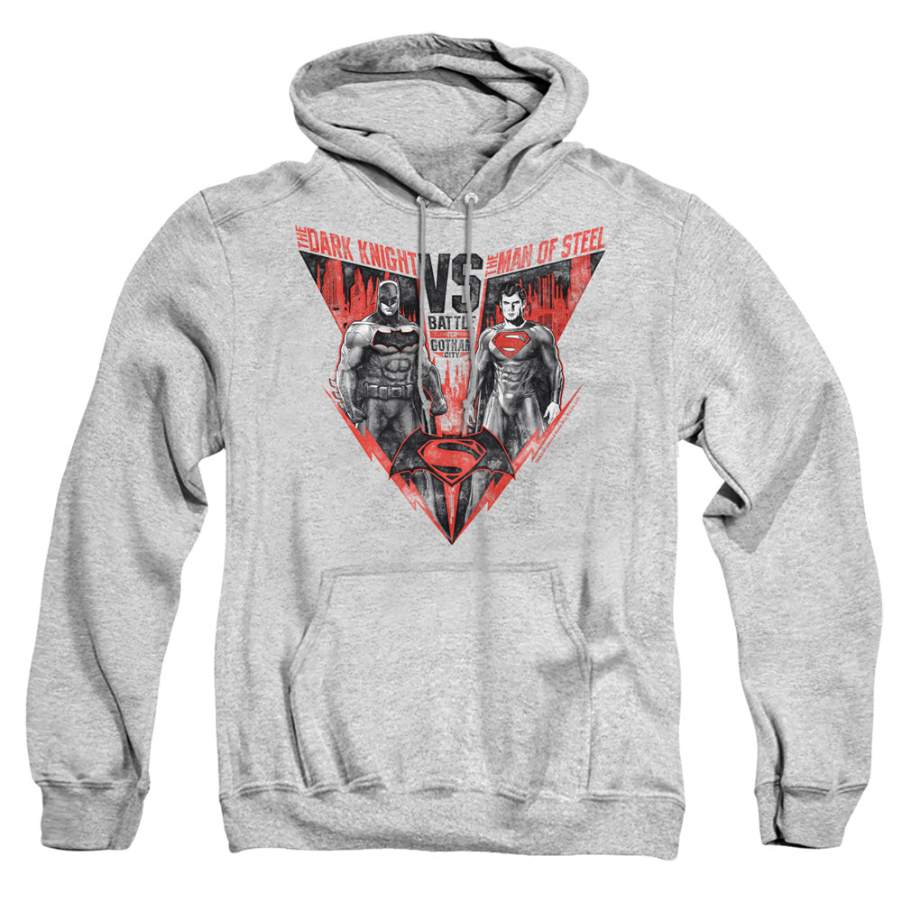 AN OFFCIALLY LICENSED BATMAN V SUPERMAN BATLLE FOR GOTHAM ADULT UNISEX PULLOVER HOODIE ATHLETIC HEATHER