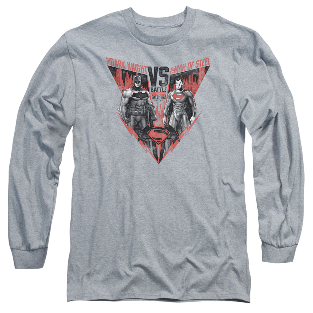 AN OFFCIALLY LICENSED BATMAN V SUPERMAN BATLLE FOR GOTHAM MEN'S LONG SLEEVE T-SHIRT ATHLETIC HEATHER