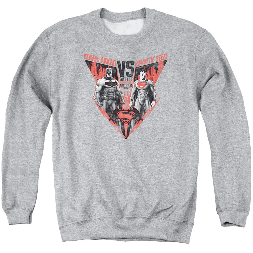 AN OFFCIALLY LICENSED BATMAN V SUPERMAN BATLLE FOR GOTHAM ADULT UNISEX CREWNECK SWEATSHIRT ATHLETIC HEATHER