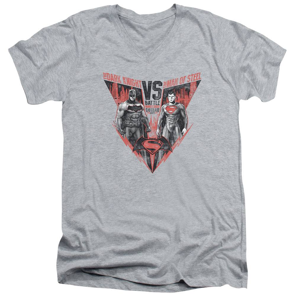 AN OFFCIALLY LICENSED BATMAN V SUPERMAN BATLLE FOR GOTHAM MEN'S V-NECK T-SHIRT ATHLETIC HEATHER