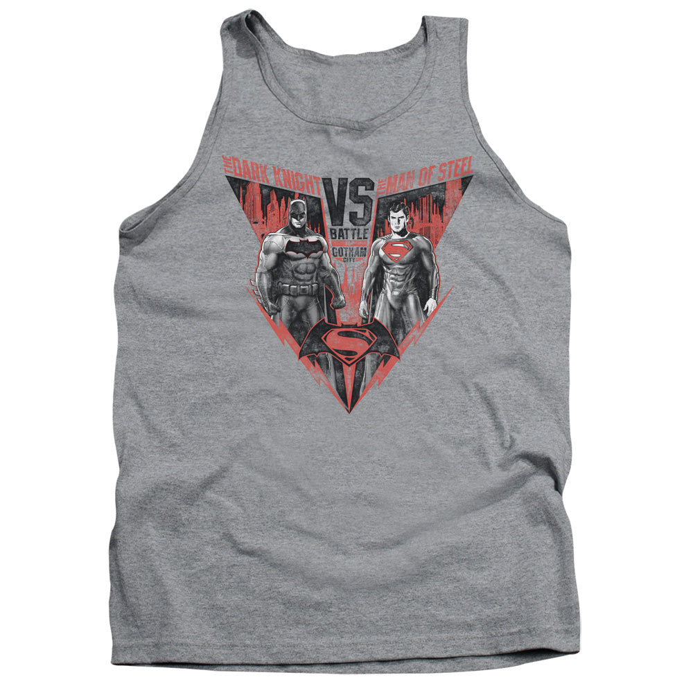 AN OFFCIALLY LICENSED BATMAN V SUPERMAN BATLLE FOR GOTHAM ADULT UNISEX TANK TOP ATHLETIC HEATHER