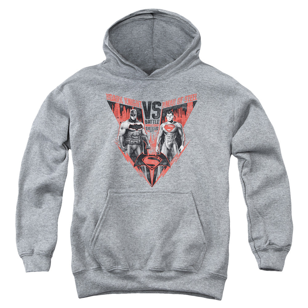 AN OFFCIALLY LICENSED BATMAN V SUPERMAN BATLLE FOR GOTHAM YOUTH HOODIE ATHLETIC HEATHER