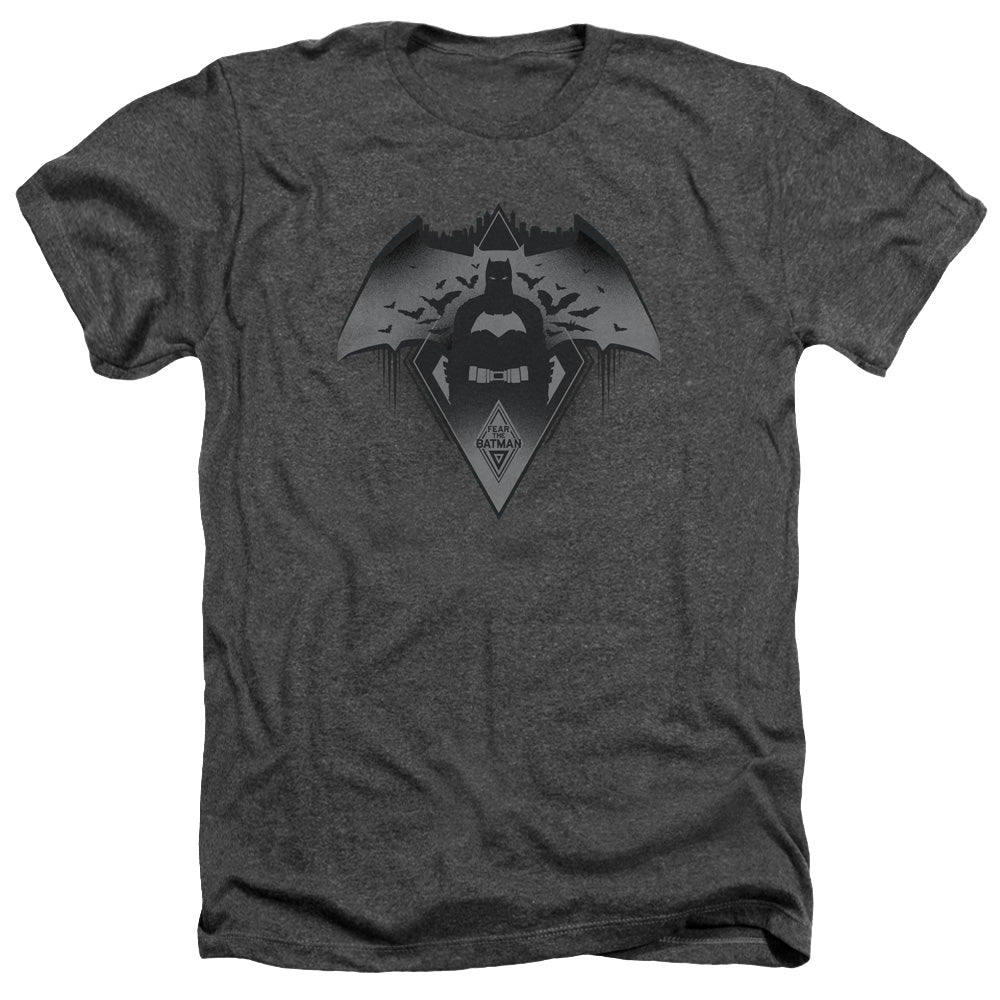AN OFFCIALLY LICENSED BATMAN V SUPERMAN FEAR MEN'S HEATHER T-SHIRT CHARCOAL