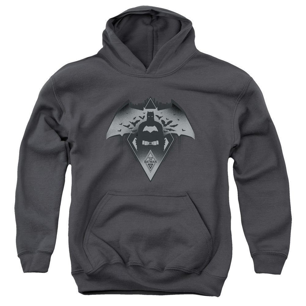 AN OFFCIALLY LICENSED BATMAN V SUPERMAN FEAR YOUTH HOODIE CHARCOAL