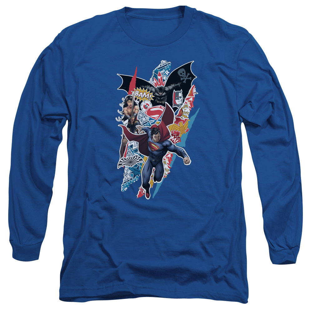 AN OFFCIALLY LICENSED BATMAN V SUPERMAN RIPPED TRIO MEN'S LONG SLEEVE T-SHIRT ROYAL